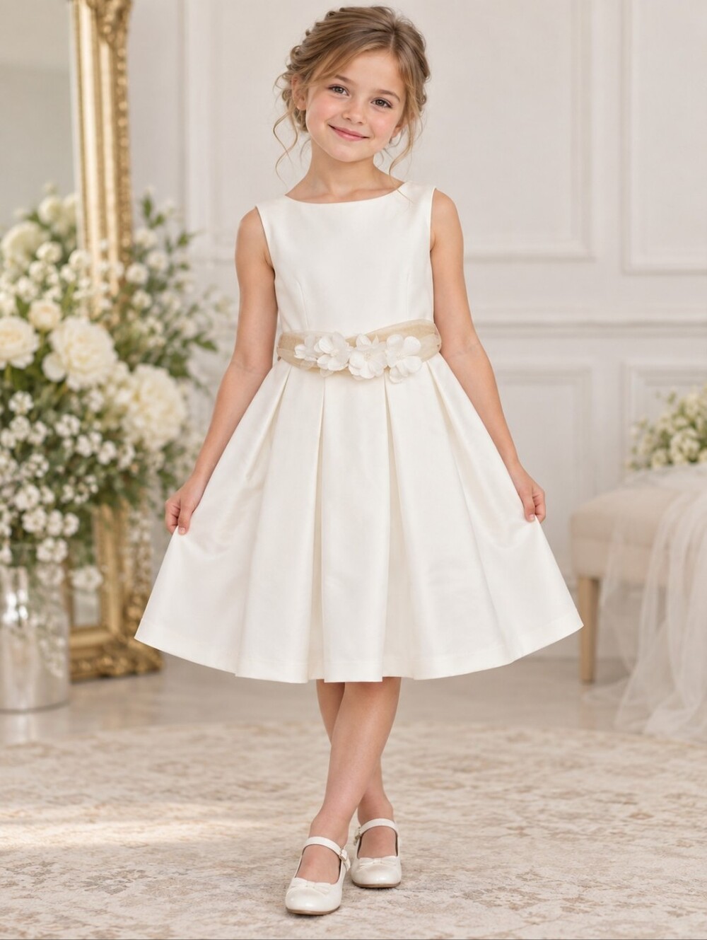 NWT Abel & Lula Luxury White Mikado 3D Floral Gold Sash Formal Flower Dress Sz 6